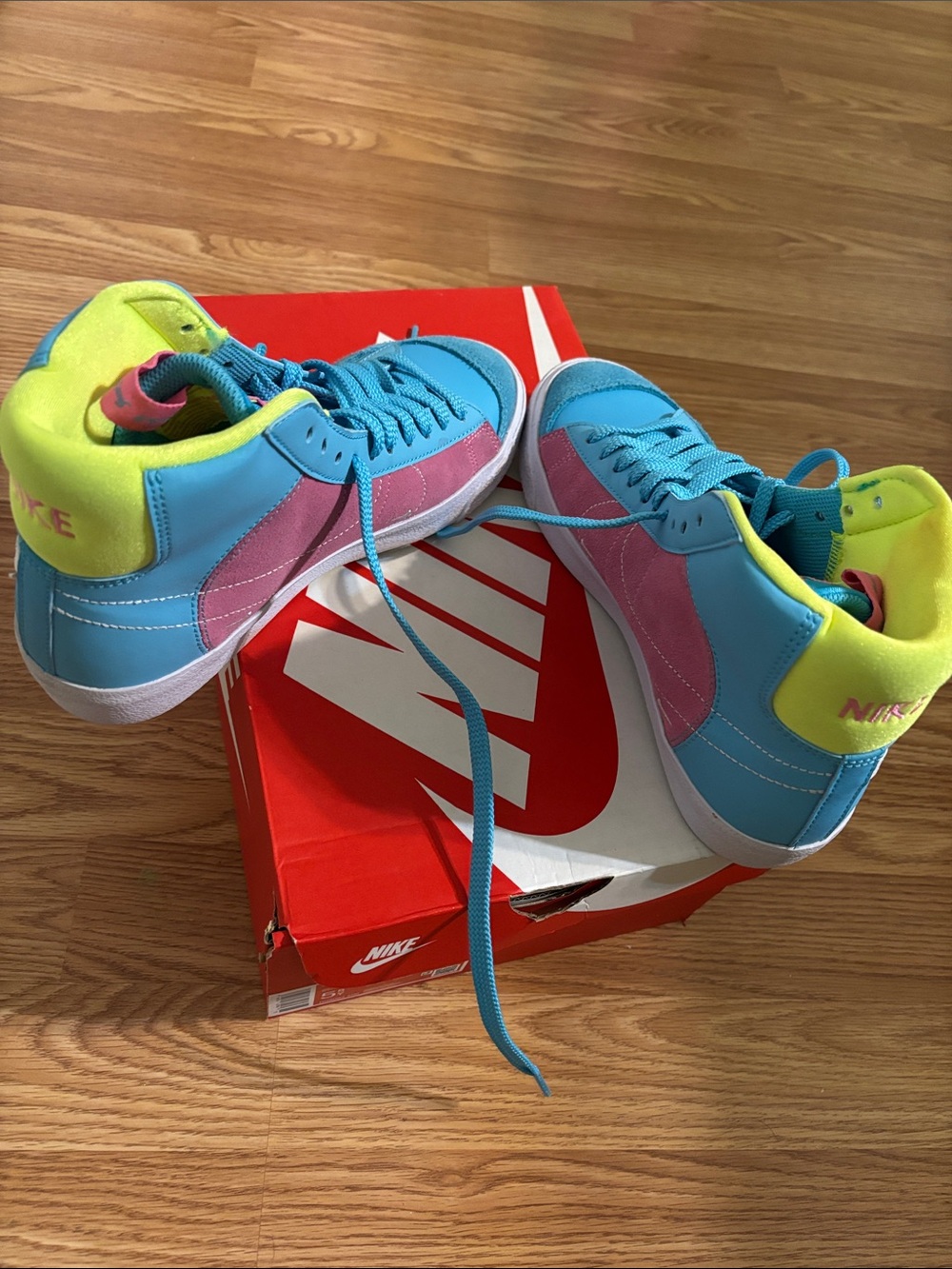 Nike Kids Blue High-Top Sneakers with Neon Yellow and Pink Accents - Picture 2 of 2